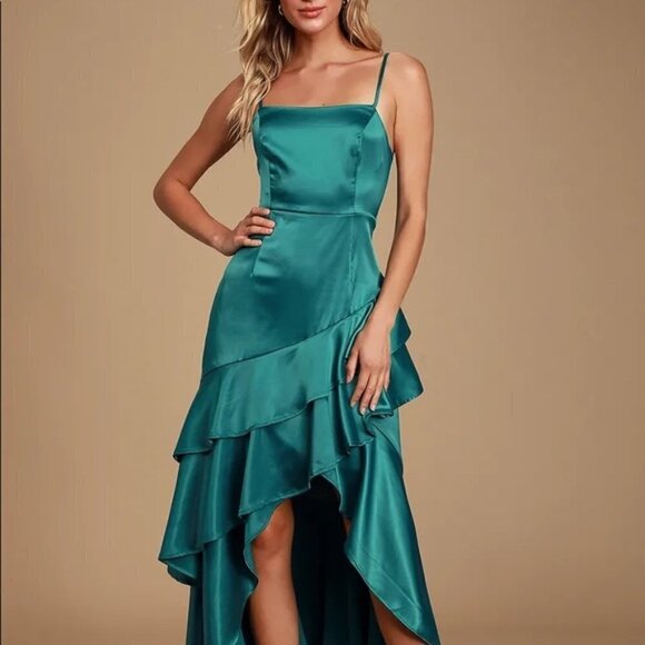 Lulus Yori Teal Green Satin Ruffled High-Low Maxi Dress - Picture 16 of 16